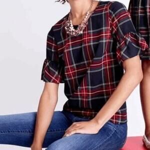 New J. Crew Tartan Plaid Red Ruffle Sleeve Blouse
